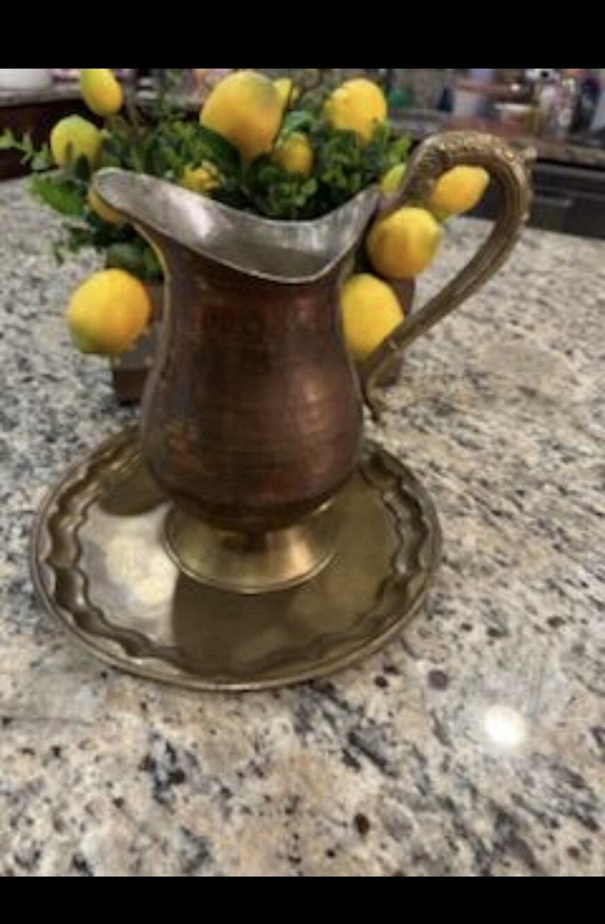 Antique Vintage Hammered Copper Pitcher Water Carrier Jug Patina 8 1/2" Tall